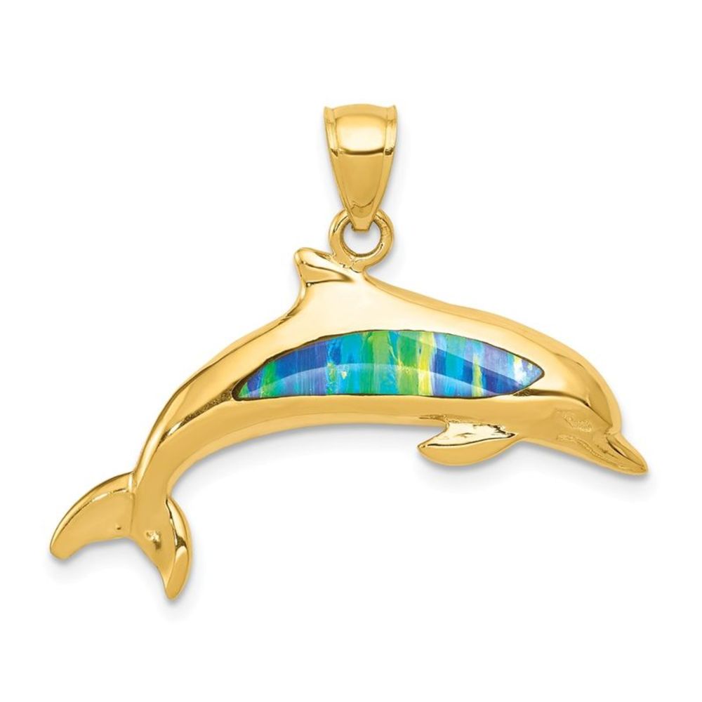 14k Yellow Gold & Imitation Opal Dolphin Necklace - 16 Inch